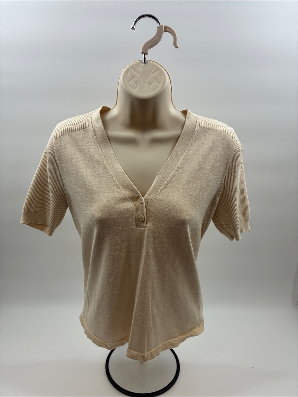 CAbi Cream Short Sleeve V-Neck Knit Polo